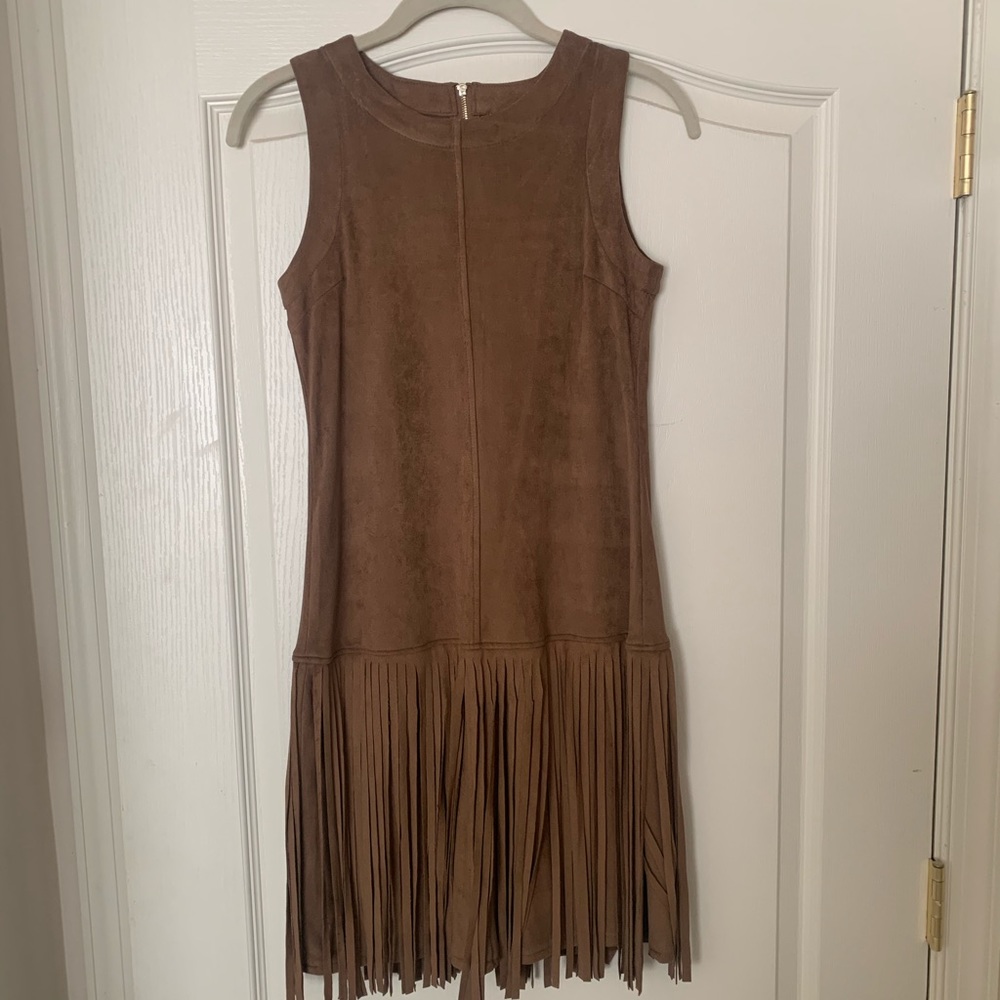 Allen Schwartz Prive Faux Suede Tan Fringe Dress